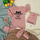 Personalized Crazy Cat Baby Bodysuit with Matching Hat, Cute Kitten Graphic, Soft Cotton Outfit for Newborns, Baby Shower Gift Idea