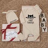 Personalized Crazy Cat Baby Bodysuit with Matching Hat, Cute Kitten Graphic, Soft Cotton Outfit for Newborns, Baby Shower Gift Idea