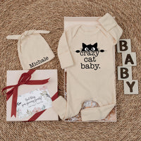 Personalized Crazy Cat Baby Bodysuit with Matching Hat, Cute Kitten Graphic, Soft Cotton Outfit for Newborns, Baby Shower Gift Idea