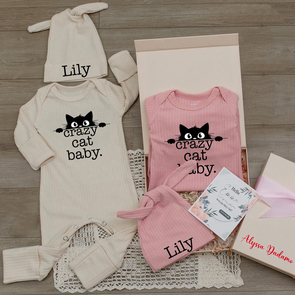 Personalized Crazy Cat Baby Romper and Hat Set with Custom Name Minimalist Design Gender Neutral Infant Outfit Newborn Gift for Cat Lovers