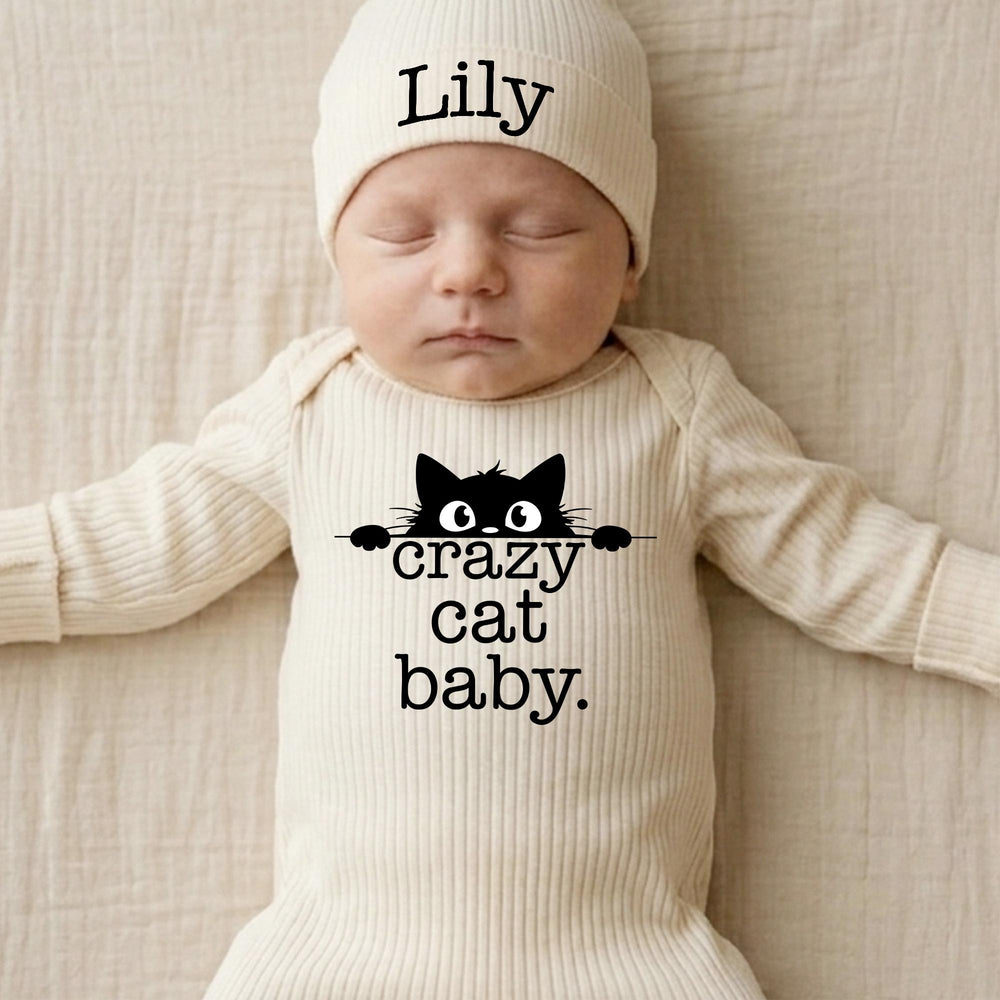 Personalized Crazy Cat Baby Romper and Hat Set with Custom Name Minimalist Design Gender Neutral Infant Outfit Newborn Gift for Cat Lovers