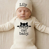 Personalized Crazy Cat Baby Romper and Hat Set with Custom Name Minimalist Design Gender Neutral Infant Outfit Newborn Gift for Cat Lovers
