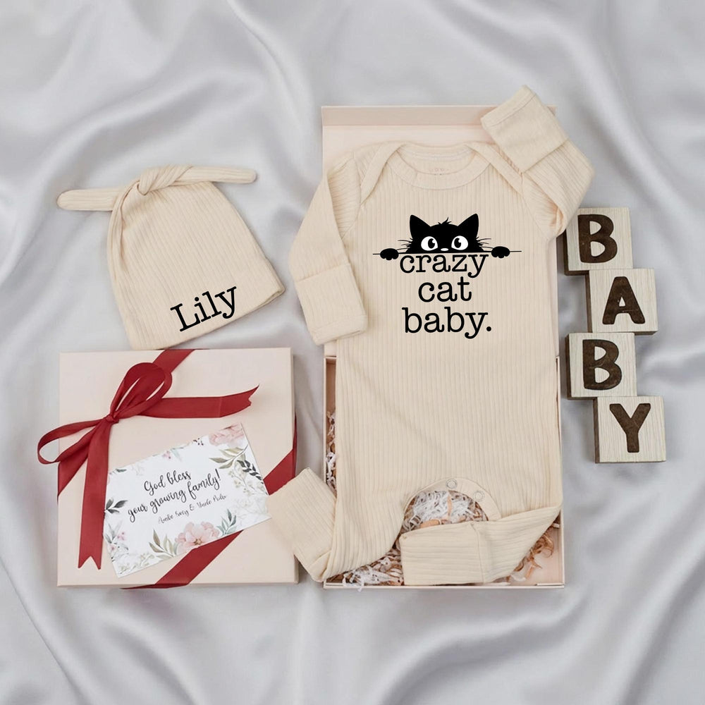 Personalized Crazy Cat Baby Romper and Hat Set with Custom Name Minimalist Design Gender Neutral Infant Outfit Newborn Gift for Cat Lovers