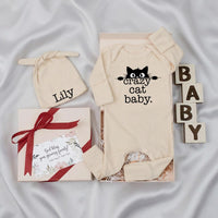 Personalized Crazy Cat Baby Romper and Hat Set with Custom Name Minimalist Design Gender Neutral Infant Outfit Newborn Gift for Cat Lovers