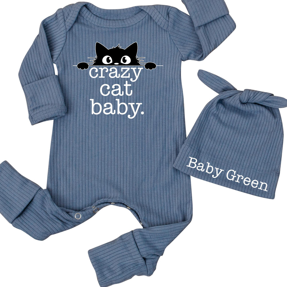 Personalized Crazy Cat Baby Romper and Hat Set with Custom Name Minimalist Design Gender Neutral Infant Outfit Newborn Gift for Cat Lovers