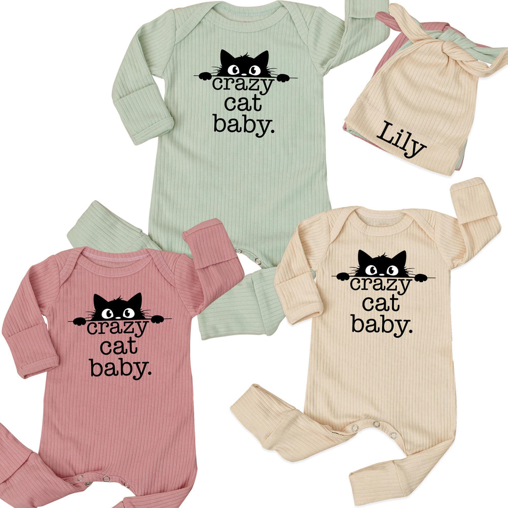Personalized Crazy Cat Baby Romper and Hat Set with Custom Name Minimalist Design Gender Neutral Infant Outfit Newborn Gift for Cat Lovers