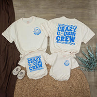 Personalized Crazy Cousin Crew Shirts with Retro Smiley Face Custom Name Matching Family Outfits Baby Toddler Romper Fun 70s Design