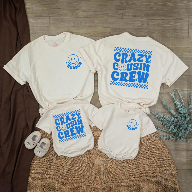 Personalized Crazy Cousin Crew Shirts with Retro Smiley Face Custom Name Matching Family Outfits Baby Toddler Romper Fun 70s Design