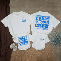 Personalized Crazy Cousin Crew Shirts with Retro Smiley Face Custom Name Matching Family Outfits Baby Toddler Romper Fun 70s Design