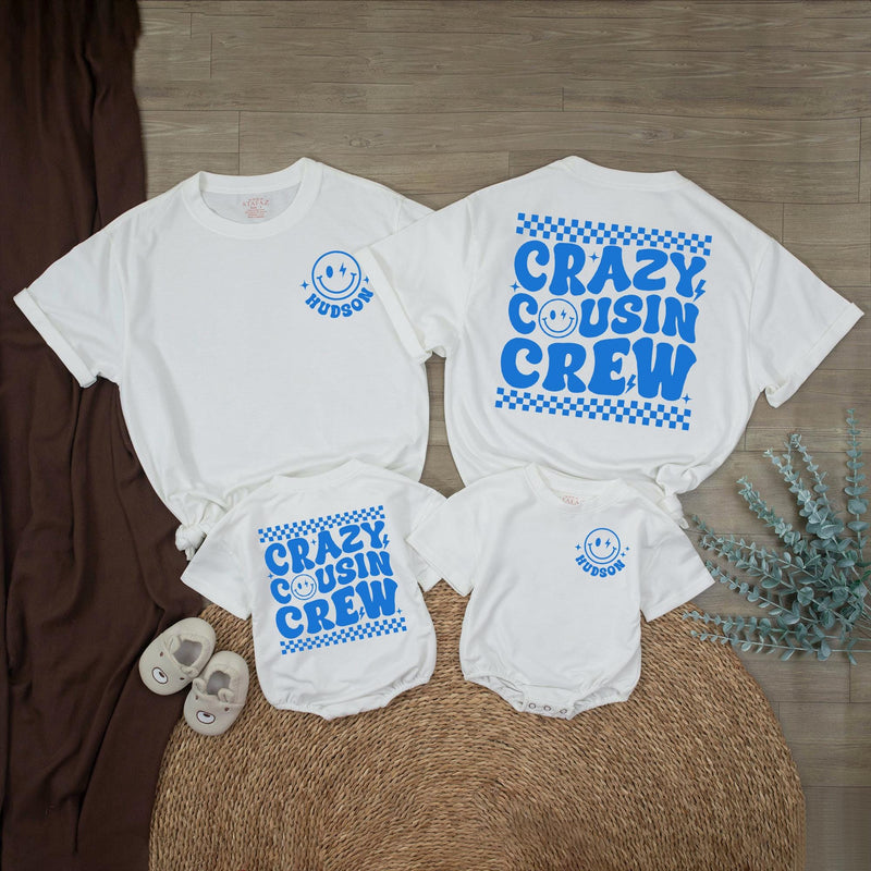 Personalized Crazy Cousin Crew Shirts with Retro Smiley Face Custom Name Matching Family Outfits Baby Toddler Romper Fun 70s Design