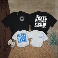 Personalized Crazy Cousin Crew Shirts with Retro Smiley Face Custom Name Matching Family Outfits Baby Toddler Romper Fun 70s Design
