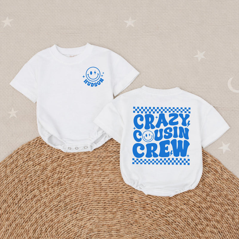 Personalized Crazy Cousin Crew Shirts with Retro Smiley Face Custom Name Matching Family Outfits Baby Toddler Romper Fun 70s Design