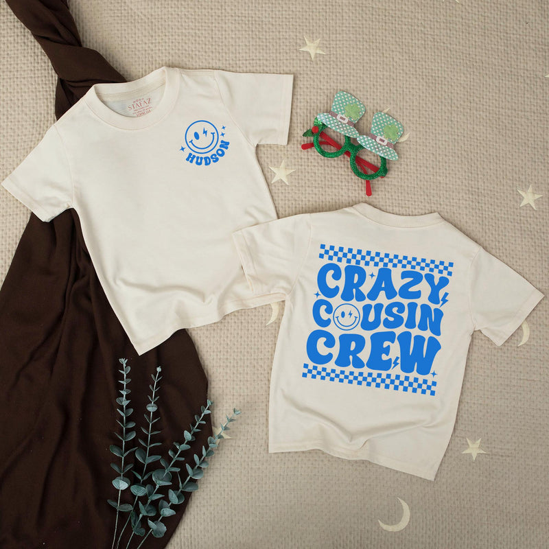Personalized Crazy Cousin Crew Shirts with Retro Smiley Face Custom Name Matching Family Outfits Baby Toddler Romper Fun 70s Design