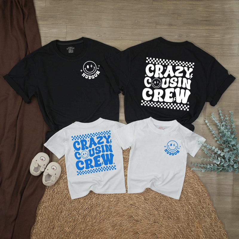 Personalized Crazy Cousin Crew Shirts with Retro Smiley Face Custom Name Matching Family Outfits Baby Toddler Romper Fun 70s Design