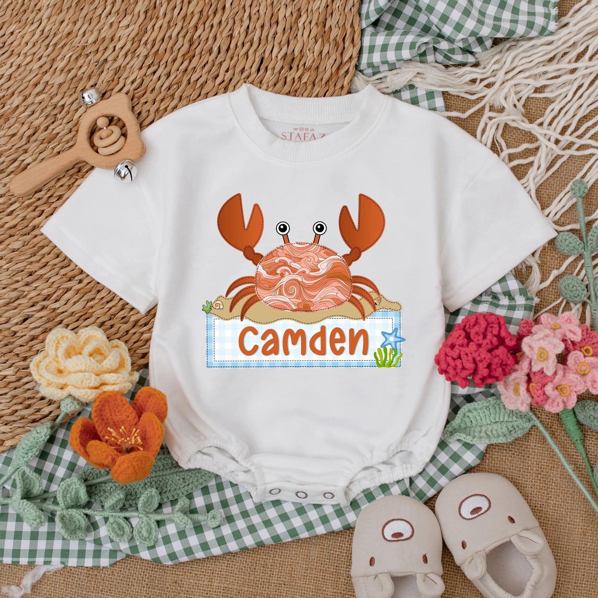 Personalized Cute Crab Romper for Baby Beach Days Fun Summer Outfit Gift Idea Soft Cotton Newborn Bodysuit with Camden Nameplate Detail