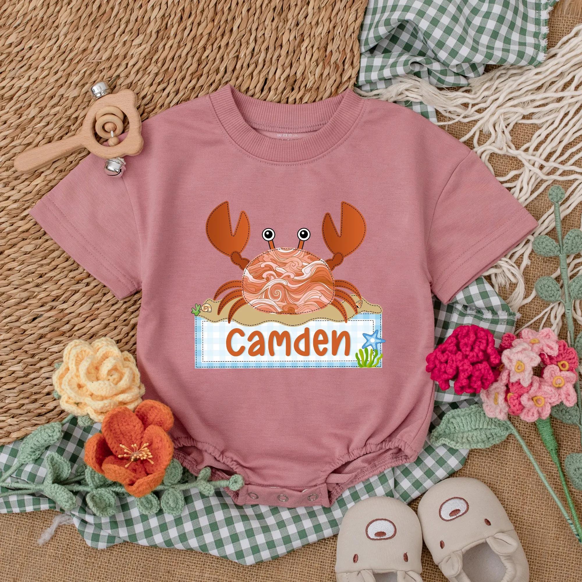 Personalized Cute Crab Romper for Baby Beach Days Fun Summer Outfit Gift Idea Soft Cotton Newborn Bodysuit with Camden Nameplate Detail