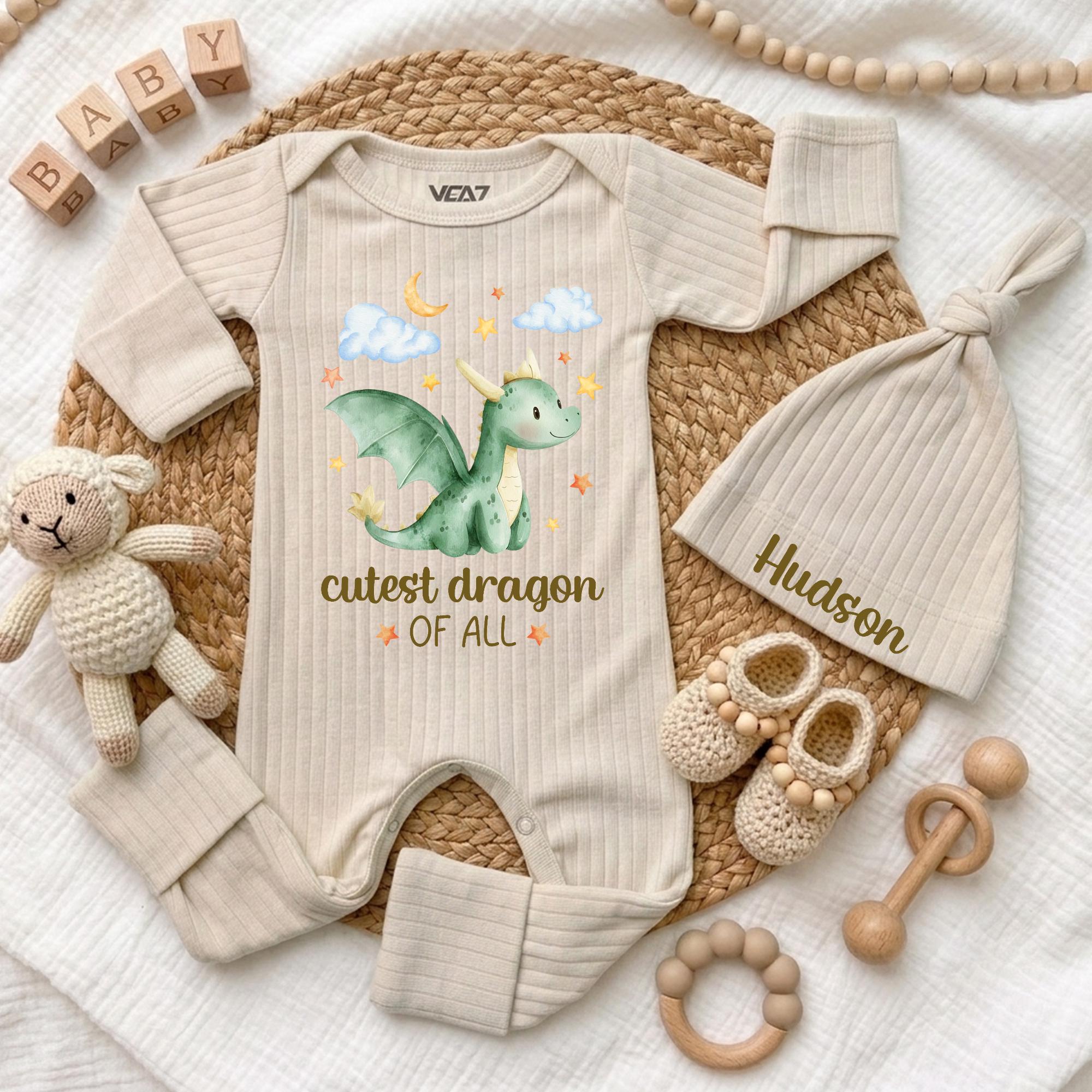 Personalized Cutest Dragon of All Baby Bodysuit and Hat Newborn Outfit with Name, Storybook Design Baby Shower or Coming Home Gift