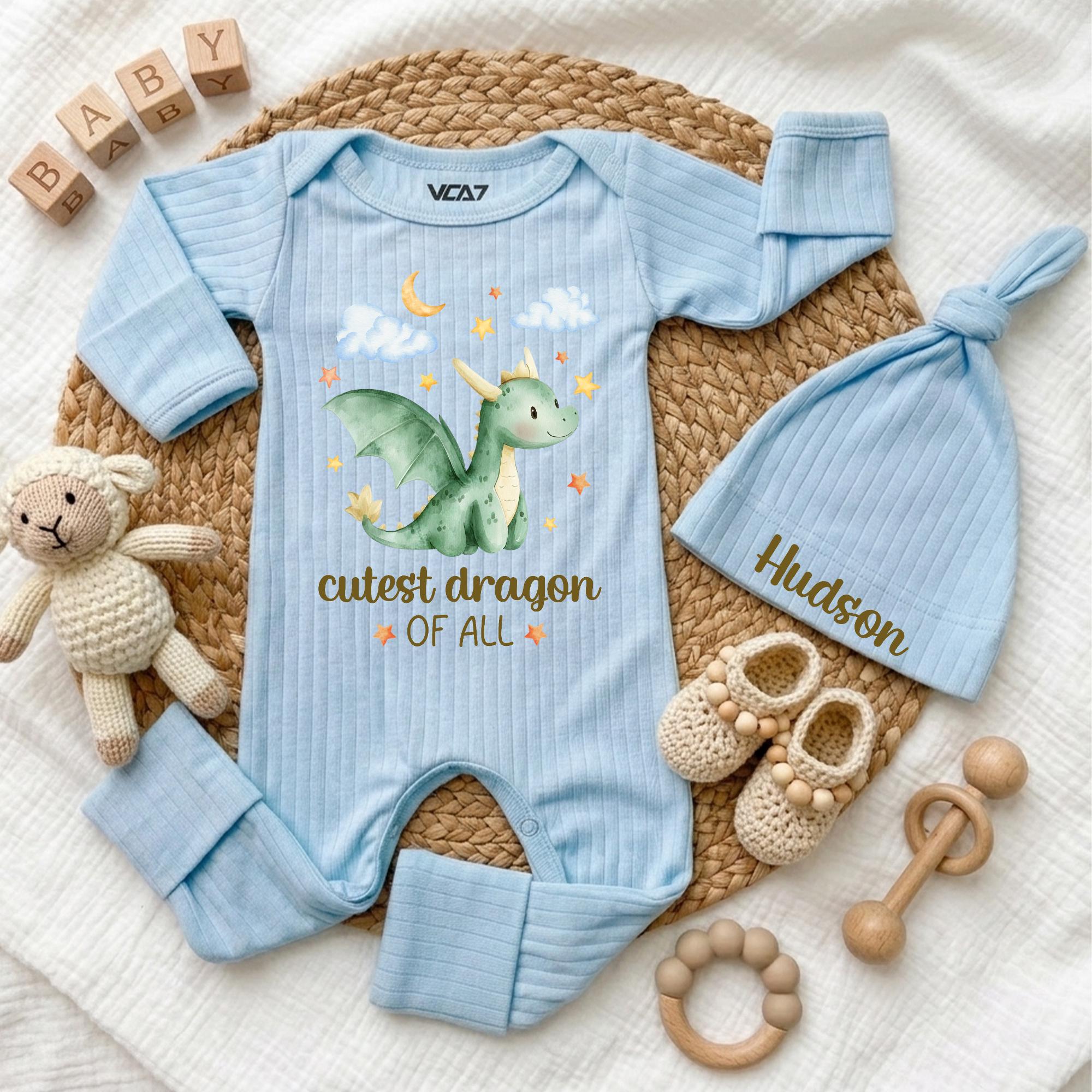 Personalized Cutest Dragon of All Baby Bodysuit and Hat Newborn Outfit with Name, Storybook Design Baby Shower or Coming Home Gift