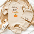 Personalized Cutest Little Pumpkin Baby Bodysuit and Hat Set, Soft Cotton Fall Outfit for Newborn, Baby Shower Gift, Coming Home Clothes