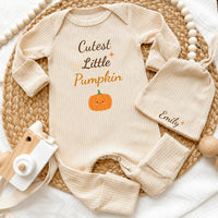 Personalized Cutest Little Pumpkin Baby Bodysuit and Hat Set, Soft Cotton Fall Outfit for Newborn, Baby Shower Gift, Coming Home Clothes
