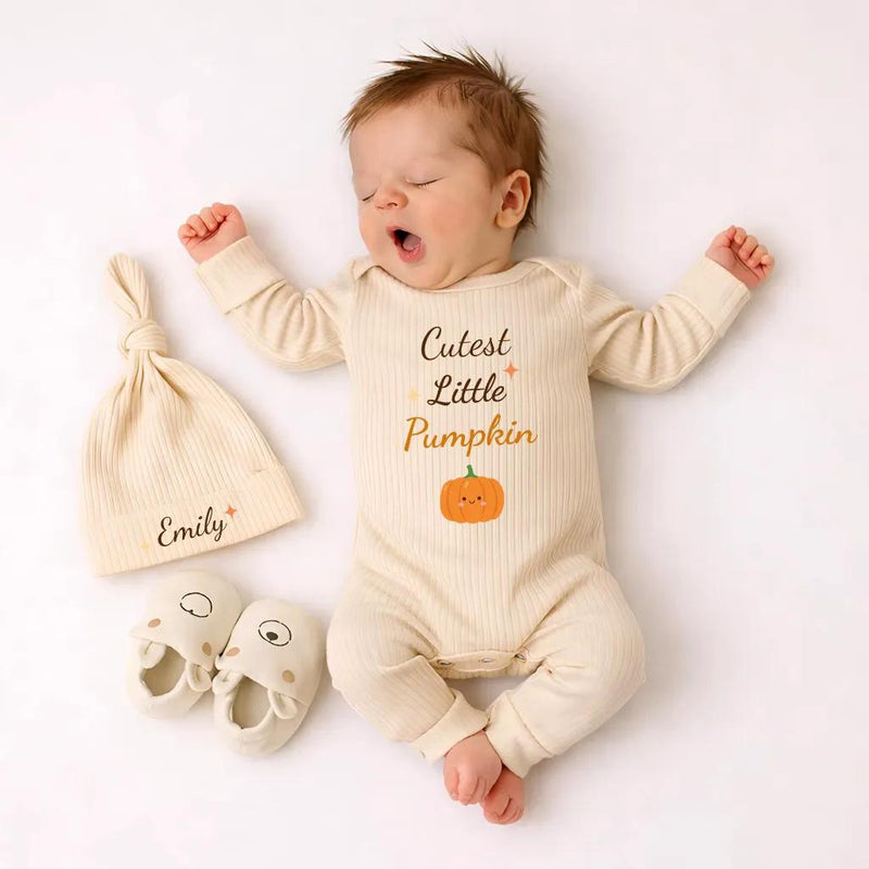 Personalized Cutest Little Pumpkin Baby Bodysuit and Hat Set, Soft Cotton Fall Outfit for Newborn, Baby Shower Gift, Coming Home Clothes