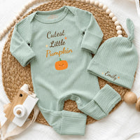 Personalized Cutest Little Pumpkin Baby Bodysuit and Hat Set, Soft Cotton Fall Outfit for Newborn, Baby Shower Gift, Coming Home Clothes
