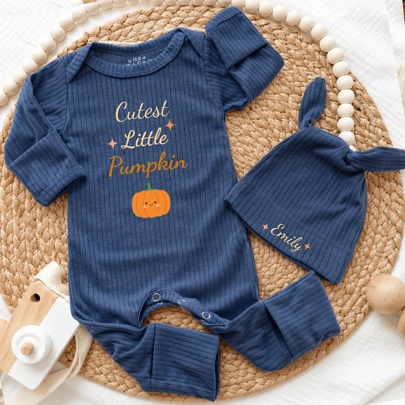 Personalized Cutest Little Pumpkin Baby Bodysuit and Hat Set, Soft Cotton Fall Outfit for Newborn, Baby Shower Gift, Coming Home Clothes