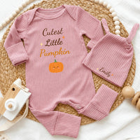 Personalized Cutest Little Pumpkin Baby Bodysuit and Hat Set, Soft Cotton Fall Outfit for Newborn, Baby Shower Gift, Coming Home Clothes