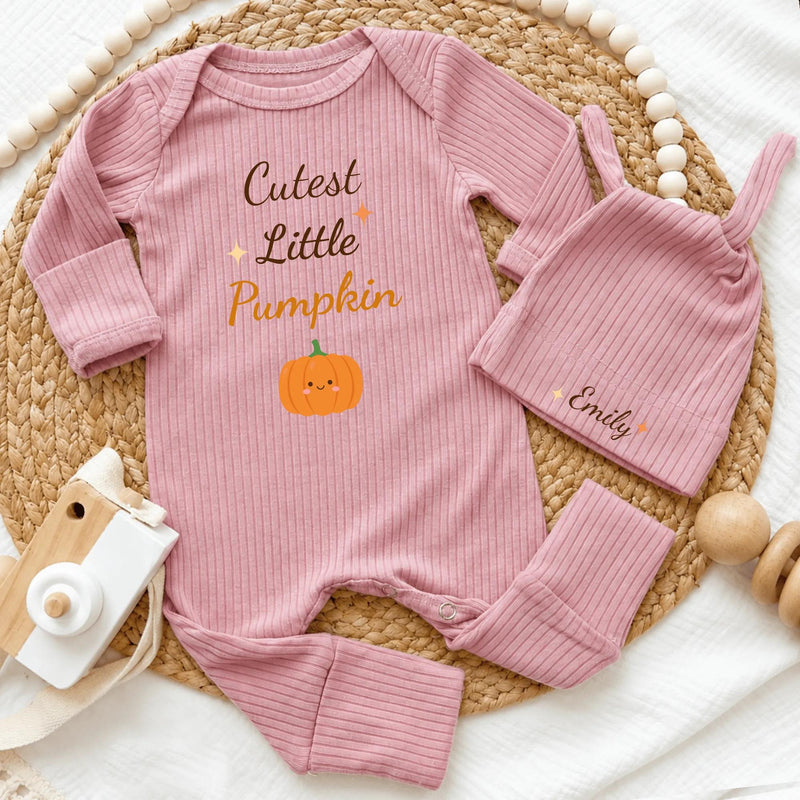 Personalized Cutest Little Pumpkin Baby Bodysuit and Hat Set, Soft Cotton Fall Outfit for Newborn, Baby Shower Gift, Coming Home Clothes