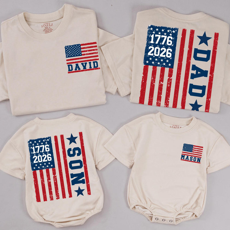 Personalized Dad and Son Matching Shirts with Patriotic Flag Design Perfect for 4th of July, Fathers Day Gift, Americana-Inspired Outfit