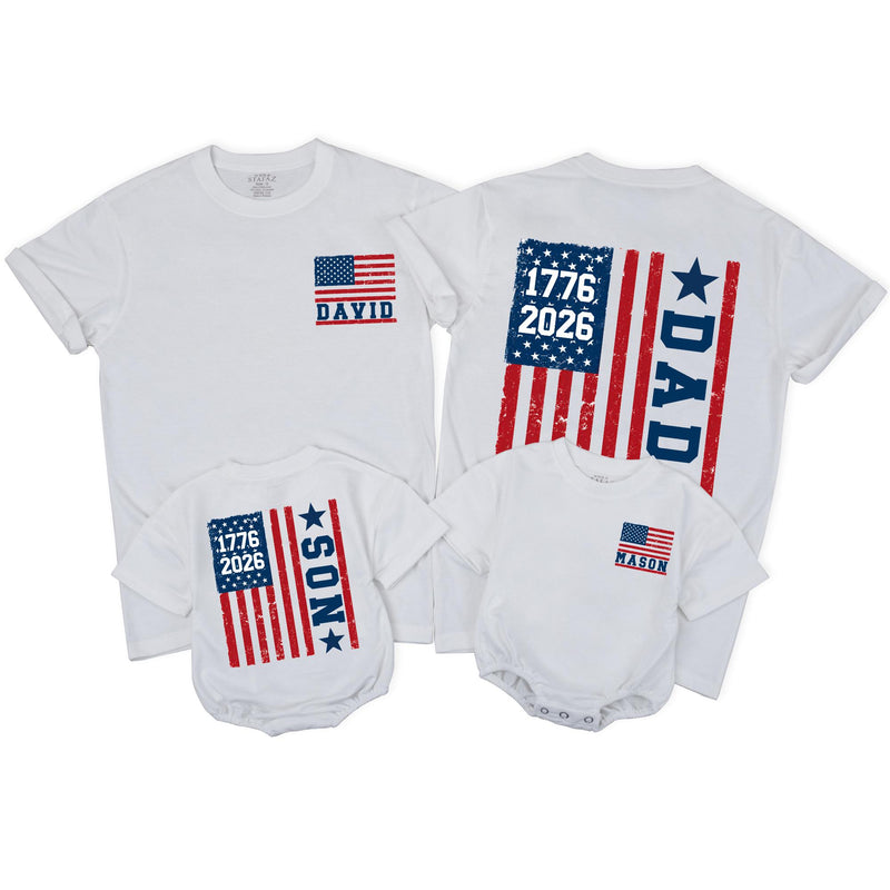 Personalized Dad and Son Matching Shirts with Patriotic Flag Design Perfect for 4th of July, Fathers Day Gift, Americana-Inspired Outfit