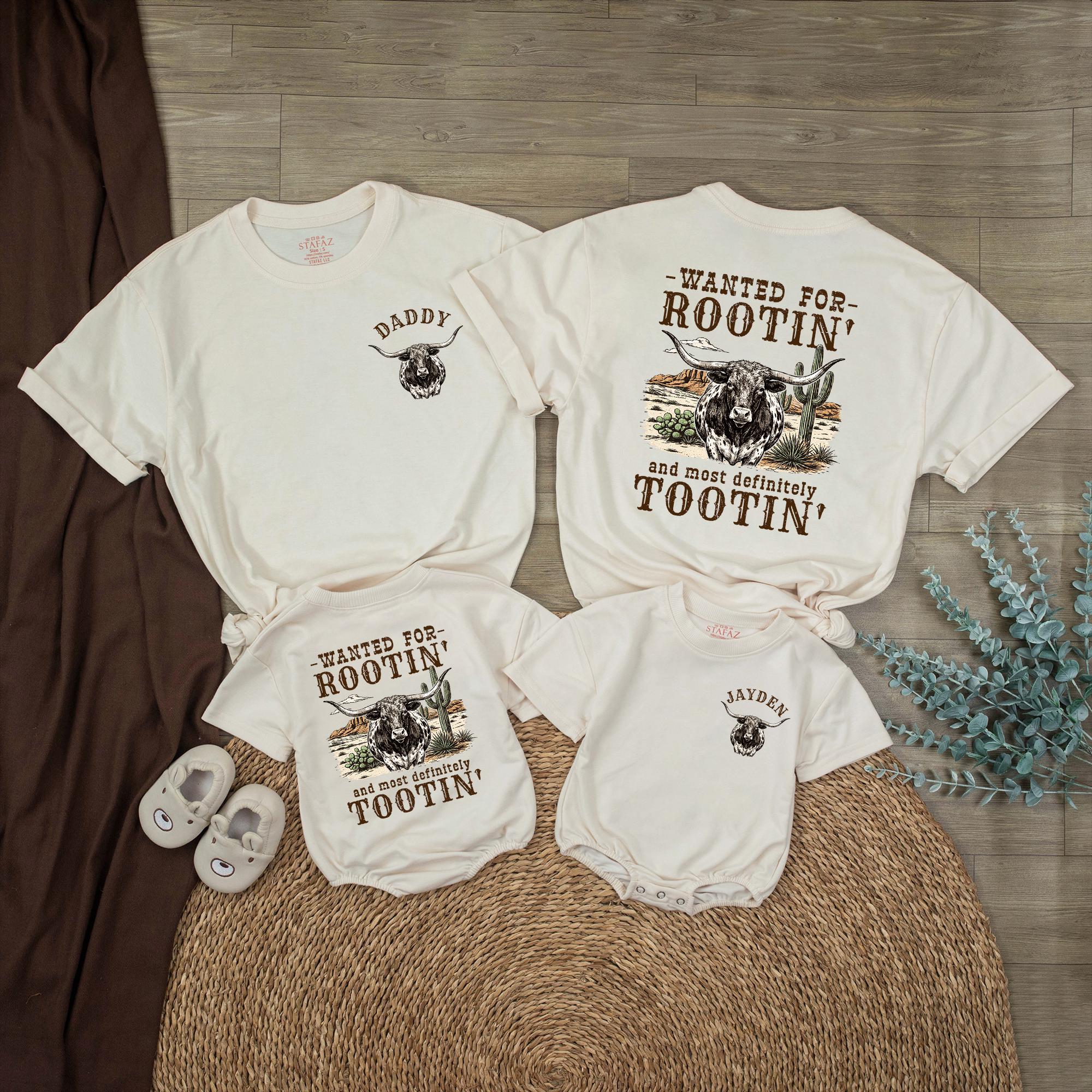 Personalized Dad and Son Western Shirts with Longhorn Design, Rootin Tootin Cowboy Baby Romper, Soft Cotton Baby Boy Clothes Gift