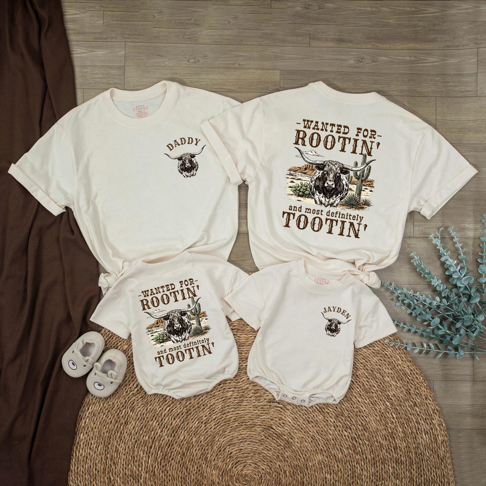 Personalized Dad and Son Western Shirts with Longhorn Design, Rootin Tootin Cowboy Baby Romper, Soft Cotton Baby Boy Clothes Gift