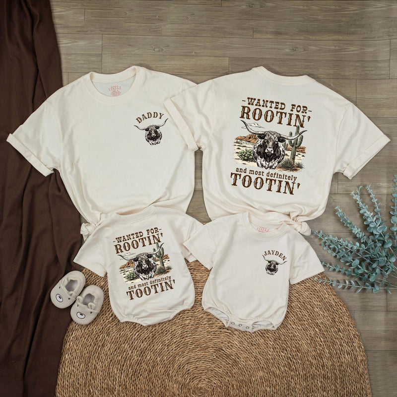 Personalized Dad and Son Western Shirts with Longhorn Design, Rootin Tootin Cowboy Baby Romper, Soft Cotton Baby Boy Clothes Gift