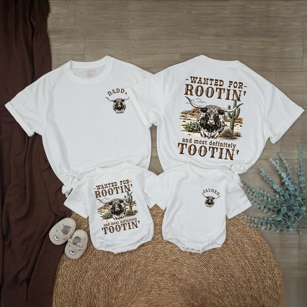 Personalized Dad and Son Western Shirts with Longhorn Design, Rootin Tootin Cowboy Baby Romper, Soft Cotton Baby Boy Clothes Gift