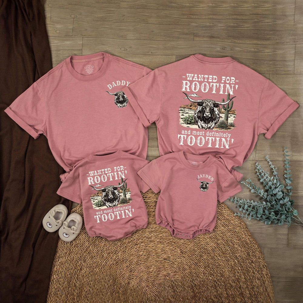 Personalized Dad and Son Western Shirts with Longhorn Design, Rootin Tootin Cowboy Baby Romper, Soft Cotton Baby Boy Clothes Gift