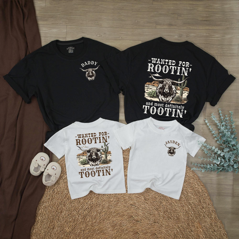 Personalized Dad and Son Western Shirts with Longhorn Design, Rootin Tootin Cowboy Baby Romper, Soft Cotton Baby Boy Clothes Gift