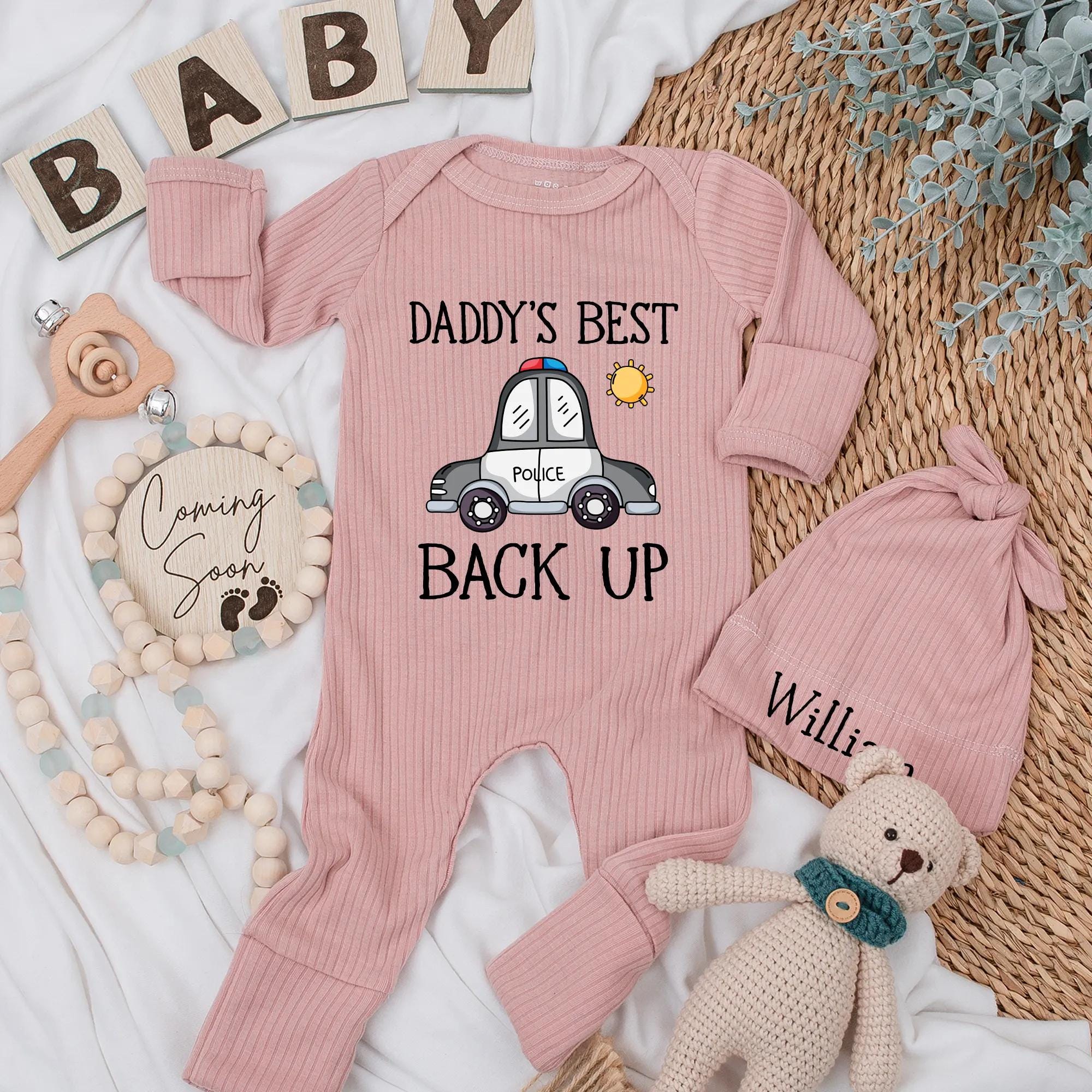 Personalized Daddy's Best Backup Baby Boy Police Car Romper Cute Infant Bodysuit Gift for New Dad with Sun Design Cotton Outfit