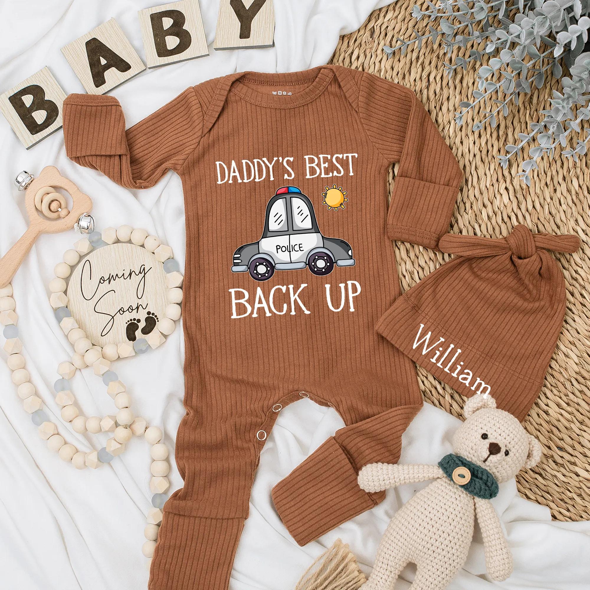 Personalized Daddy's Best Backup Baby Boy Police Car Romper Cute Infant Bodysuit Gift for New Dad with Sun Design Cotton Outfit