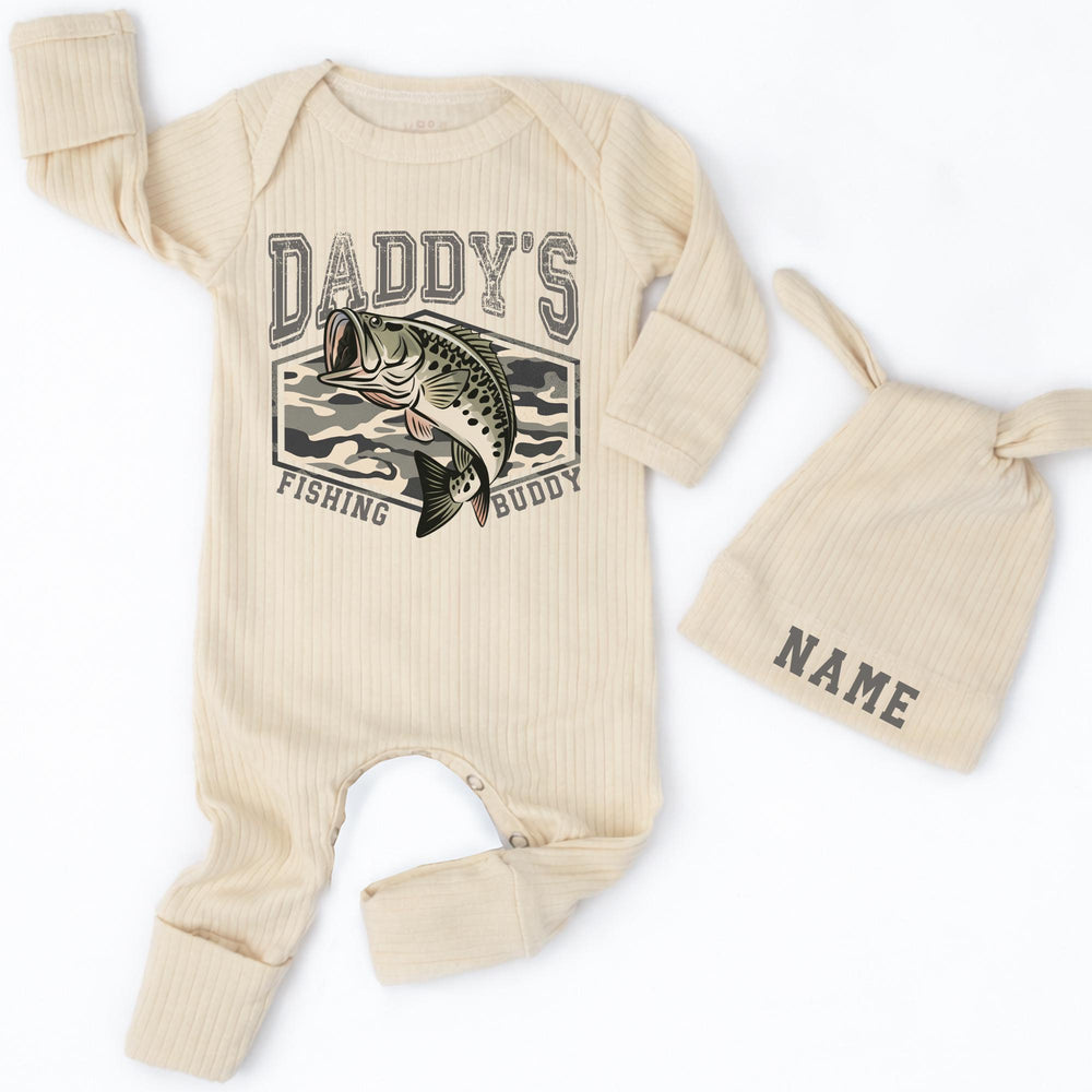 Personalized Daddy's Fishing Buddy Baby Romper with Name Hat Newborn Fishing Bodysuit Gift for First Outing or Pregnancy Reveal