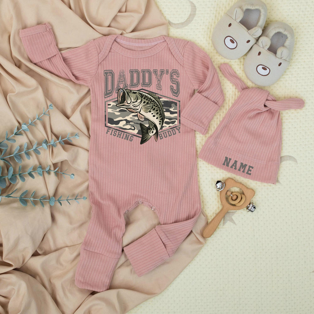 Personalized Daddy's Fishing Buddy Baby Romper with Name Hat Newborn Fishing Bodysuit Gift for First Outing or Pregnancy Reveal