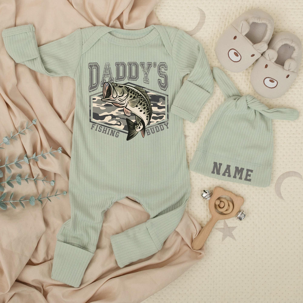 Personalized Daddy's Fishing Buddy Baby Romper with Name Hat Newborn Fishing Bodysuit Gift for First Outing or Pregnancy Reveal