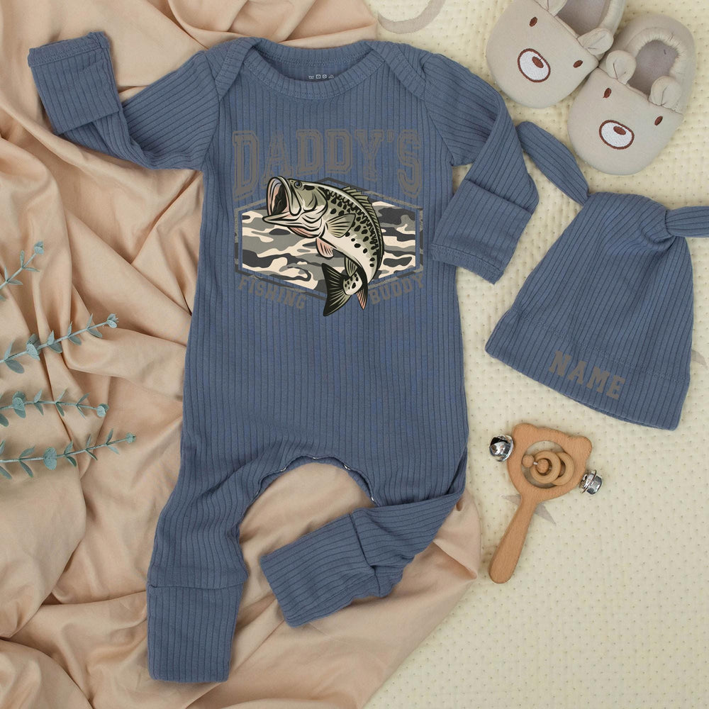 Personalized Daddy's Fishing Buddy Baby Romper with Name Hat Newborn Fishing Bodysuit Gift for First Outing or Pregnancy Reveal