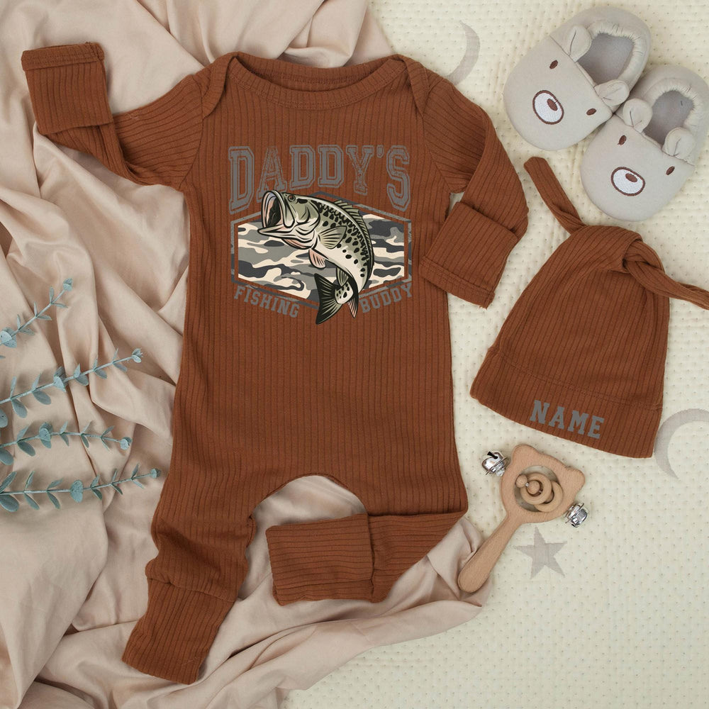 Personalized Daddy's Fishing Buddy Baby Romper with Name Hat Newborn Fishing Bodysuit Gift for First Outing or Pregnancy Reveal