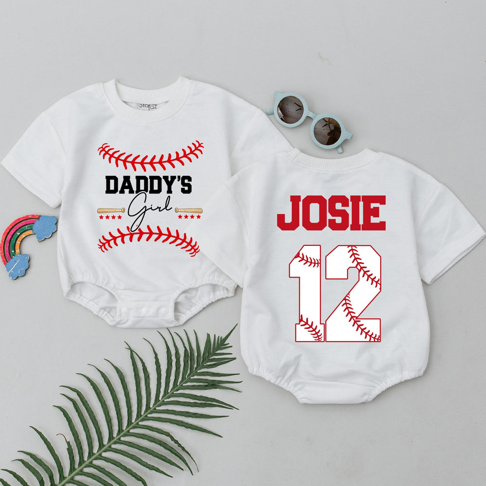 Personalized Daddy's Girl Baseball Romper with Custom Name and Number Soft Cotton Baby Outfit Perfect for Game Day or Father's Day Gift