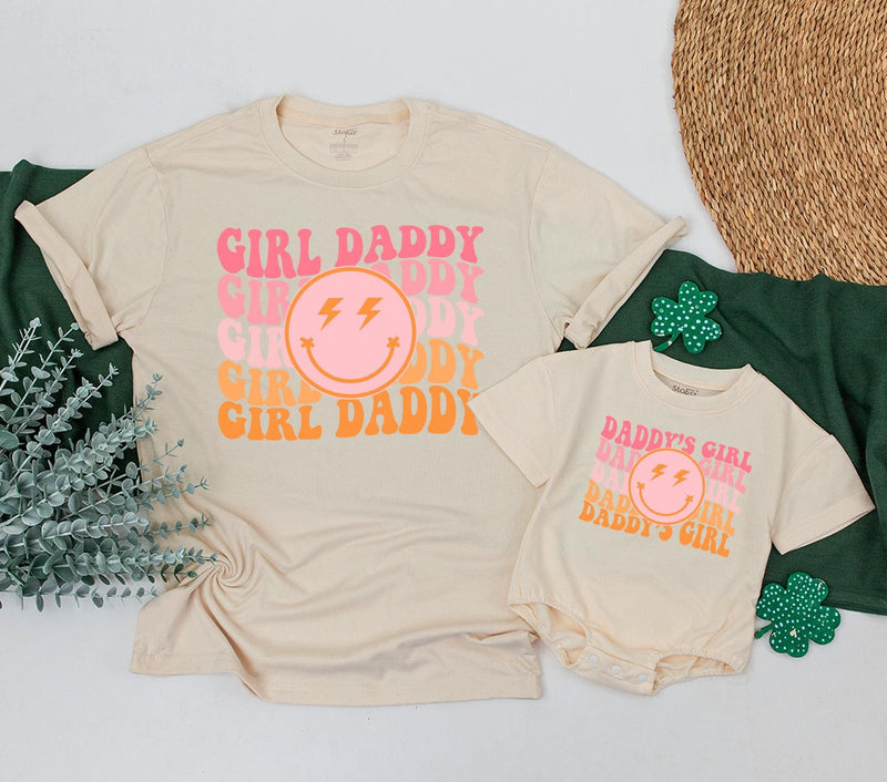 Personalized Daddy's Girl and Girl Daddy Retro T-Shirt Set with Smiley Face Lightning Eyes Dad Baby Matching Family Outfit Gift