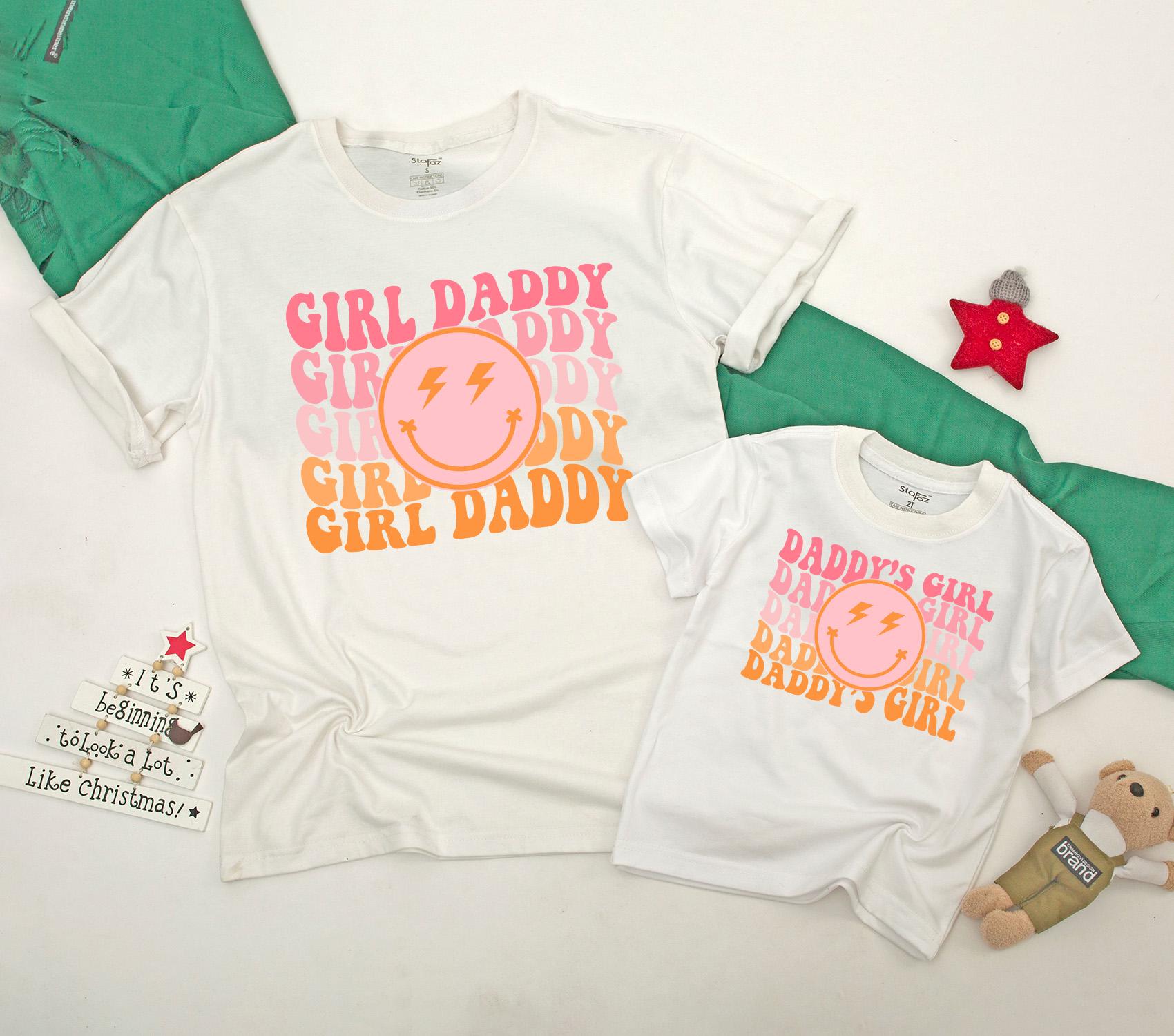 Personalized Daddy's Girl and Girl Daddy Retro T-Shirt Set with Smiley Face Lightning Eyes Dad Baby Matching Family Outfit Gift