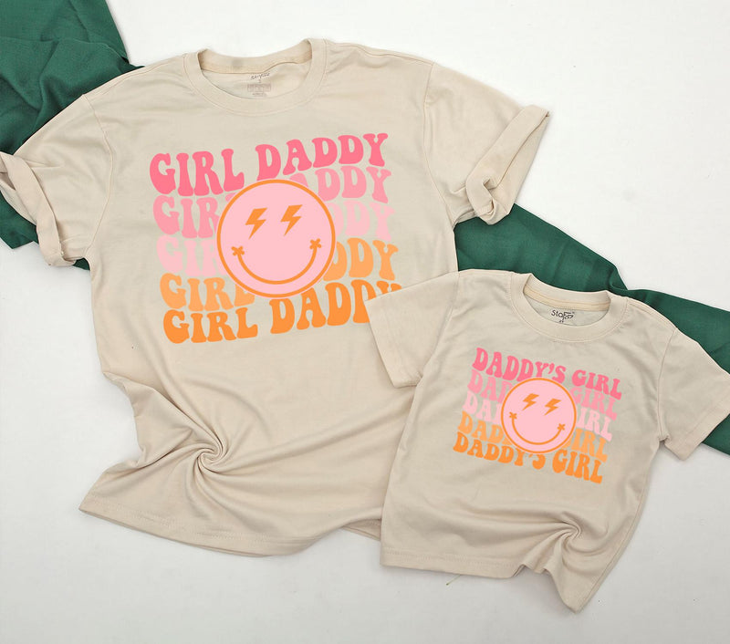 Personalized Daddy's Girl and Girl Daddy Retro T-Shirt Set with Smiley Face Lightning Eyes Dad Baby Matching Family Outfit Gift