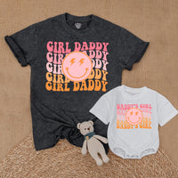 Personalized Daddy's Girl and Girl Daddy Retro T-Shirt Set with Smiley Face Lightning Eyes Dad Baby Matching Family Outfit Gift