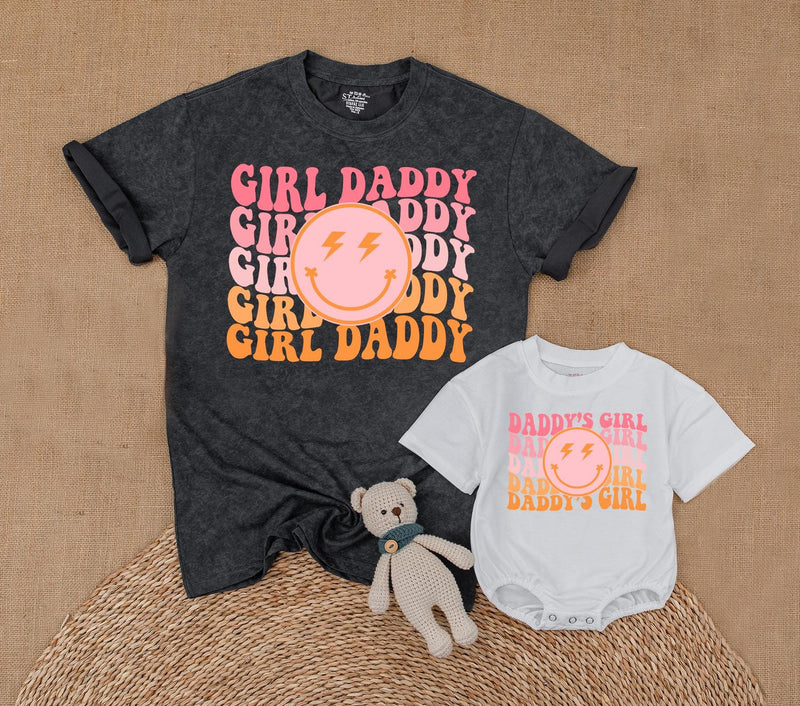 Personalized Daddy's Girl and Girl Daddy Retro T-Shirt Set with Smiley Face Lightning Eyes Dad Baby Matching Family Outfit Gift